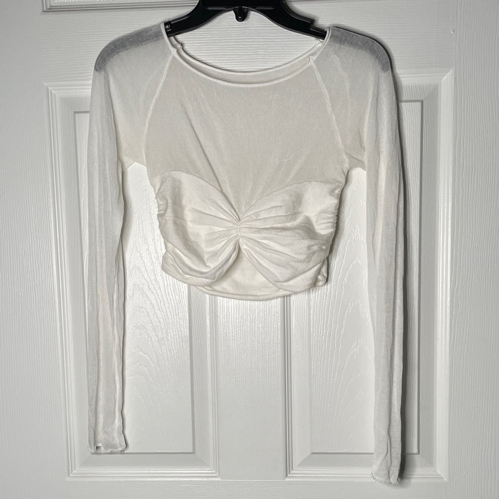 Mesh Bow Front Long Sleeve Crop Top